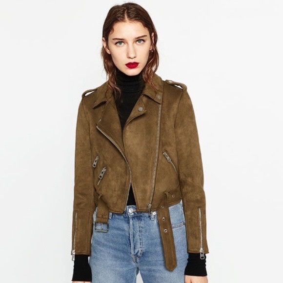 Zara Cropped Suede Effect Moto Biker Zip up Jacket Women brown in colour - Picture 2 of 16